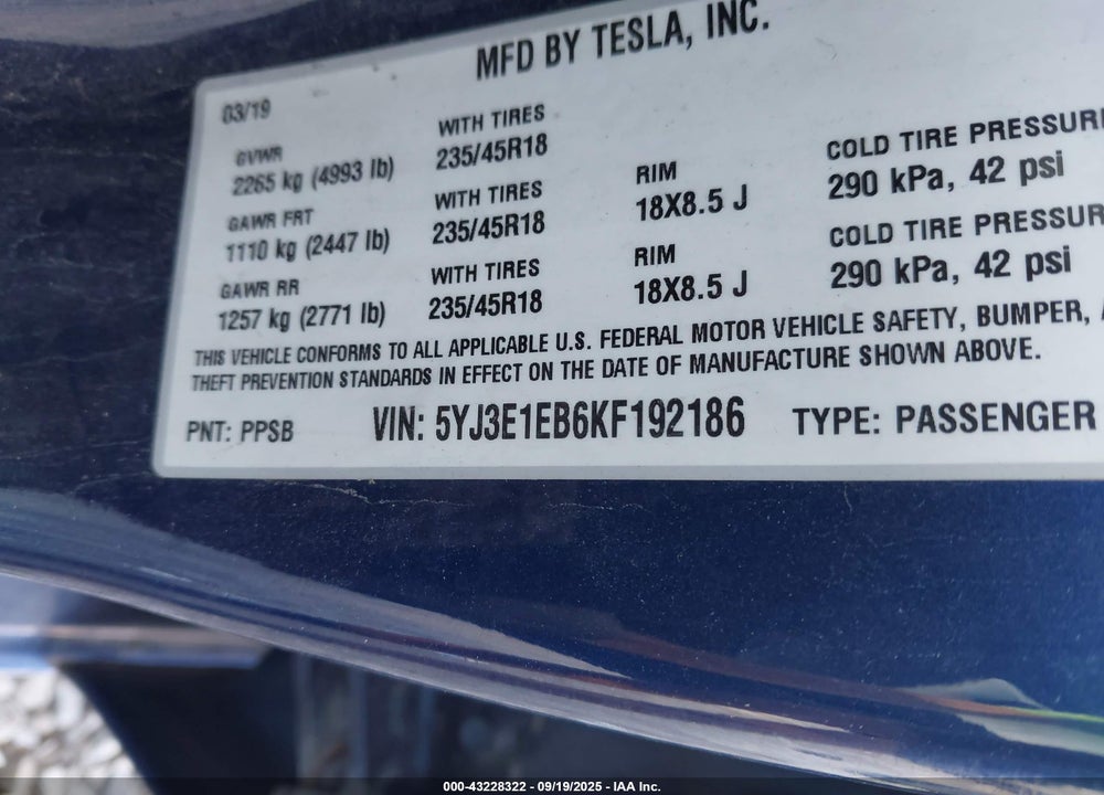 2019 TESLA MODEL 3 VIN: 5YJ3E1EB6KF192186