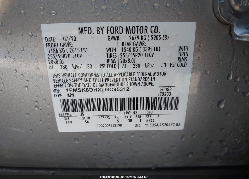 2020 FORD EXPLORER VIN: 1FMSK8DHXLGC95312