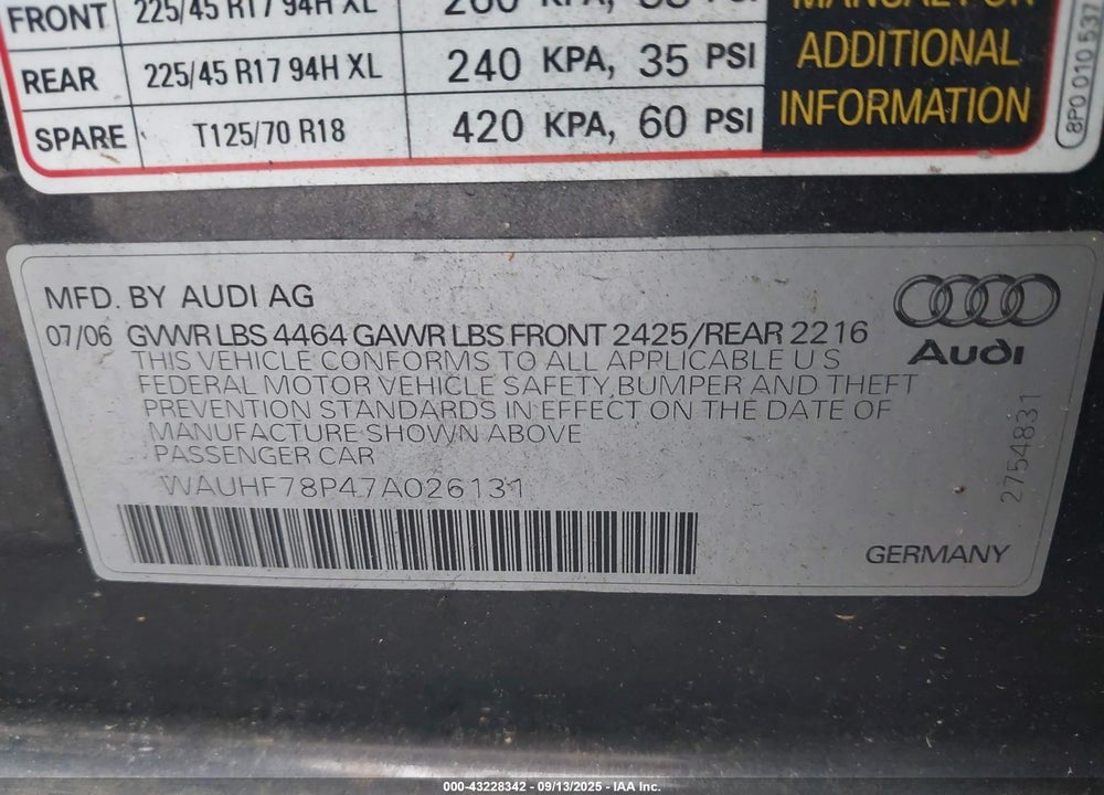 2007 AUDI A3 2.0T VIN: WAUHF78P47A026131