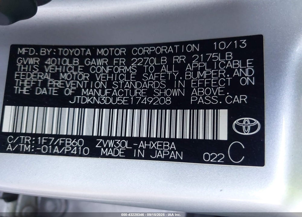 2014 TOYOTA PRIUS VIN: JTDKN3DU5E1749208