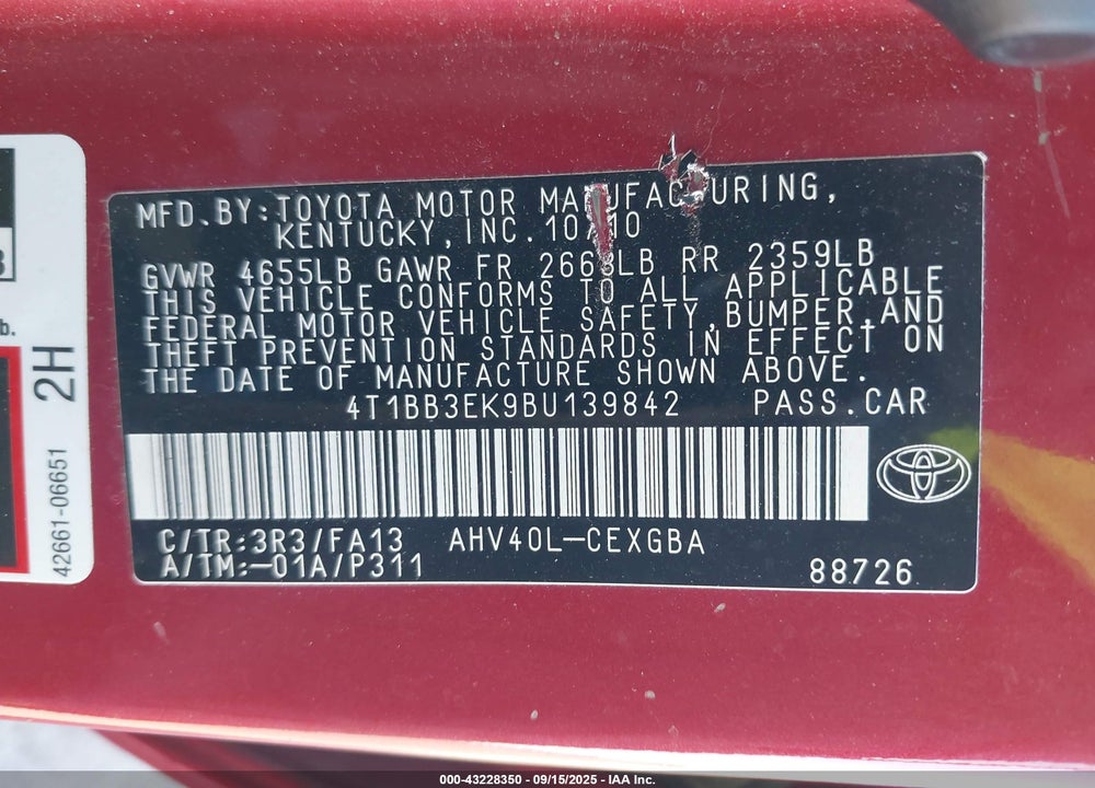 2011 TOYOTA CAMRY HYBRID VIN: 4T1BB3EK9BU139842