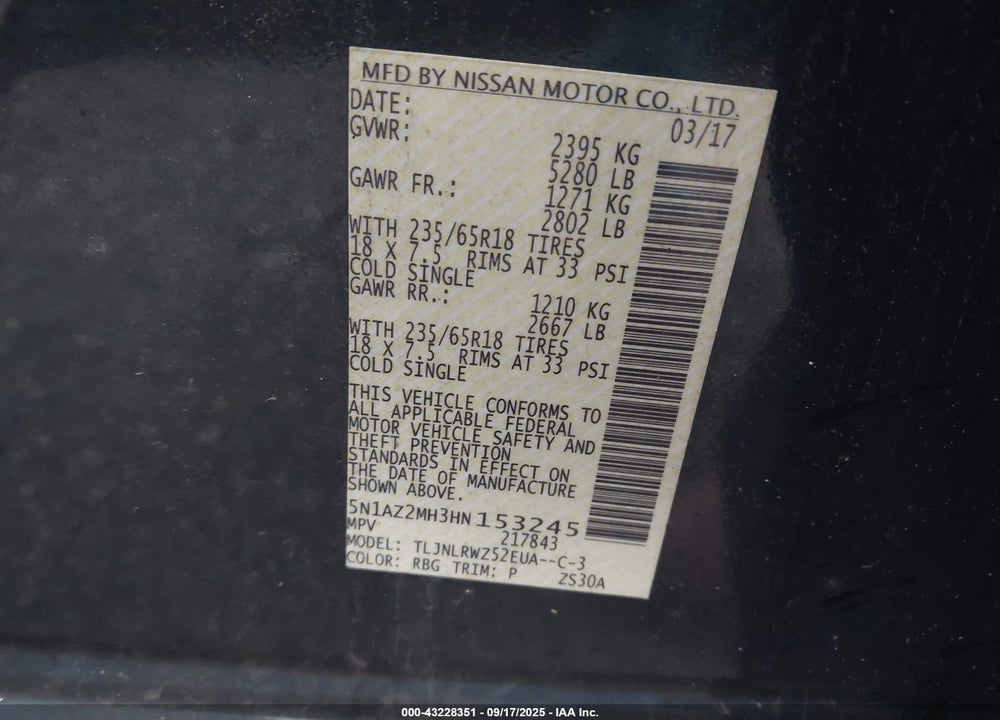 2017 NISSAN MURANO VIN: 5N1AZ2MH3HN153245