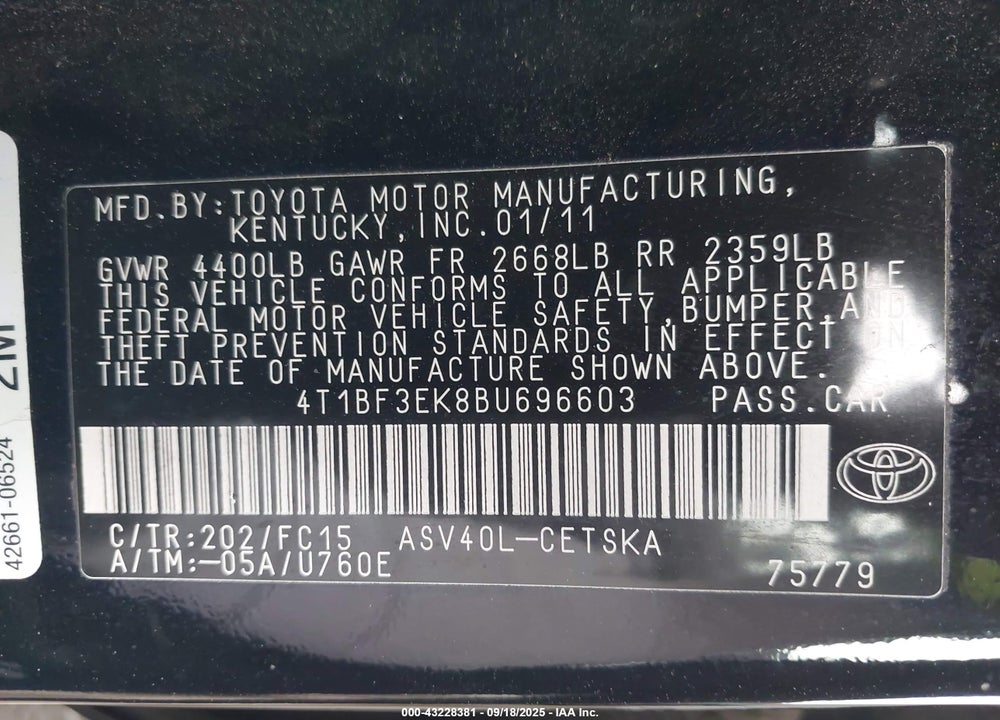 2011 TOYOTA CAMRY VIN: 4T1BF3EK8BU696603