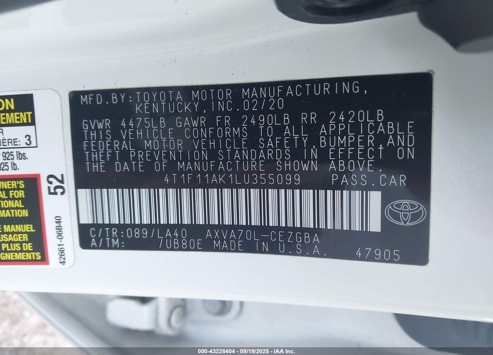 2020 TOYOTA CAMRY VIN: 4T1F11AK1LU355099