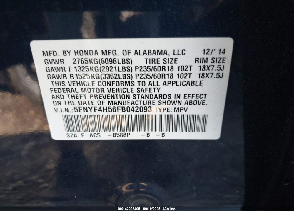2015 HONDA PILOT VIN: 5FNYF4H56FB042093