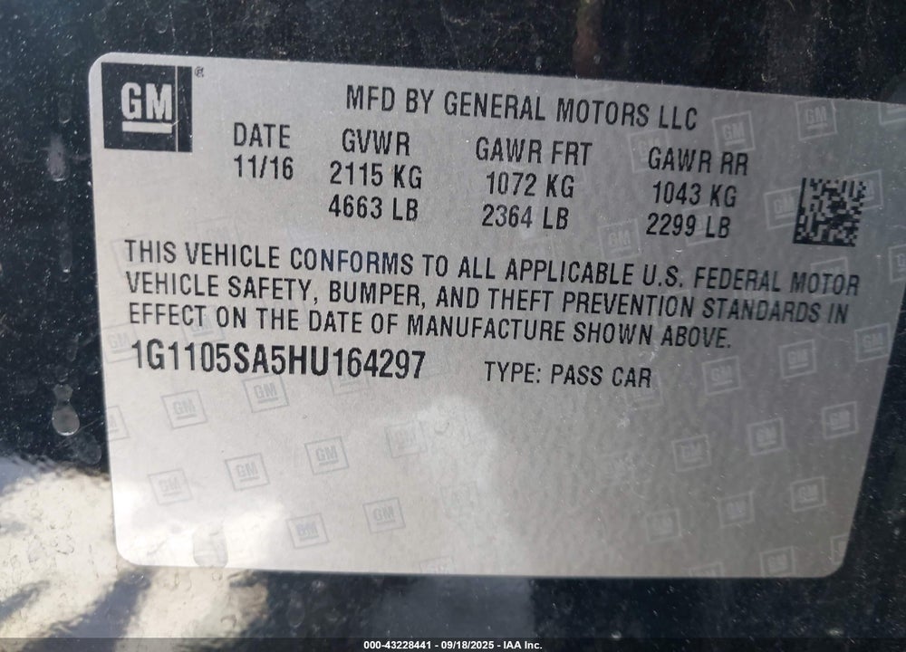 2017 CHEVROLET IMPALA 1LT VIN: 1G1105SA5HU164297