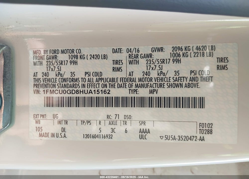2017 FORD ESCAPE VIN: 1FMCU0GD8HUA15162