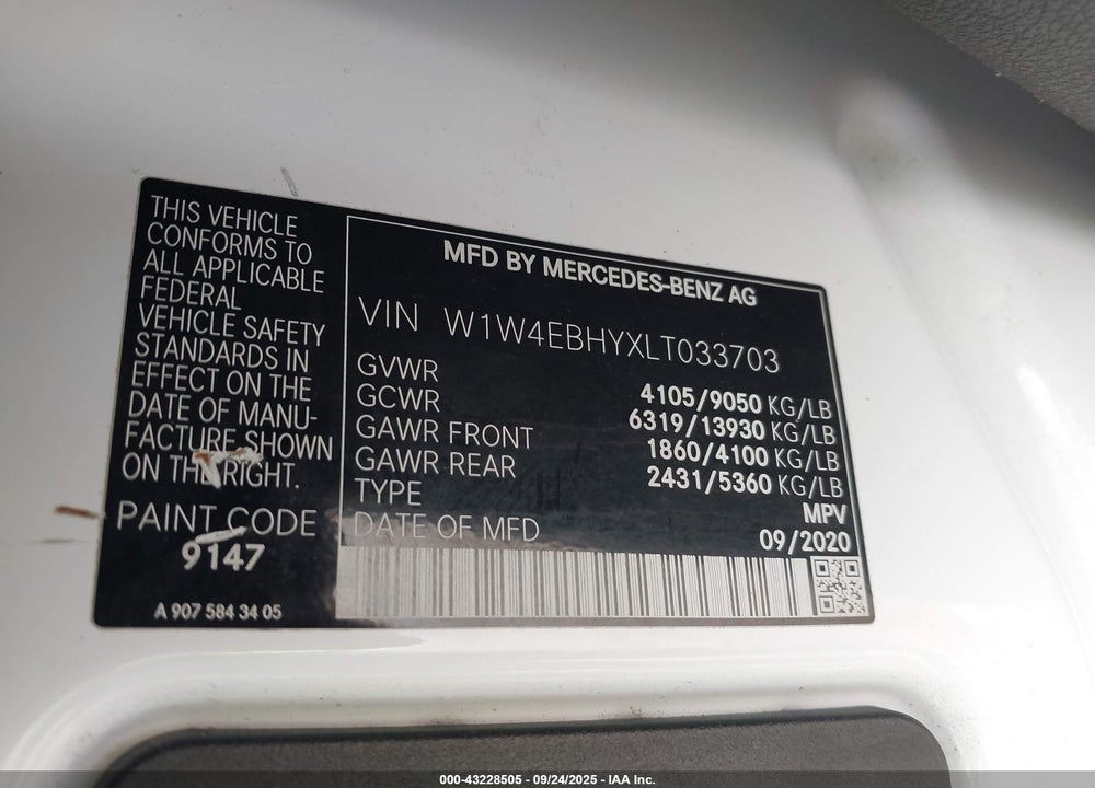 2020 MERCEDES-BENZ SPRINTER 2500 STANDARD ROOF V6 VIN: W1W4EBHYXLT033703