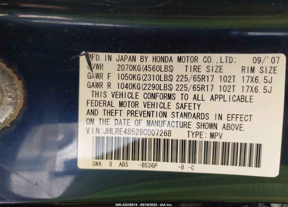 2008 HONDA CR-V EX VIN: JHLRE48528C007268