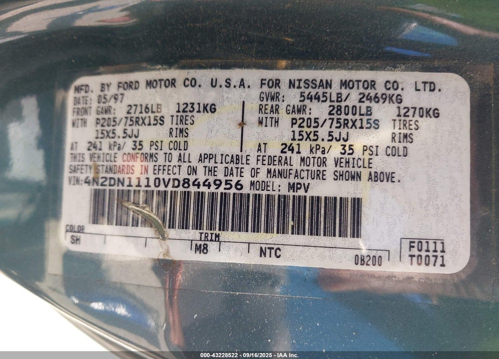 1997 NISSAN QUEST GXE/XE VIN: 4N2DN1110VD844956