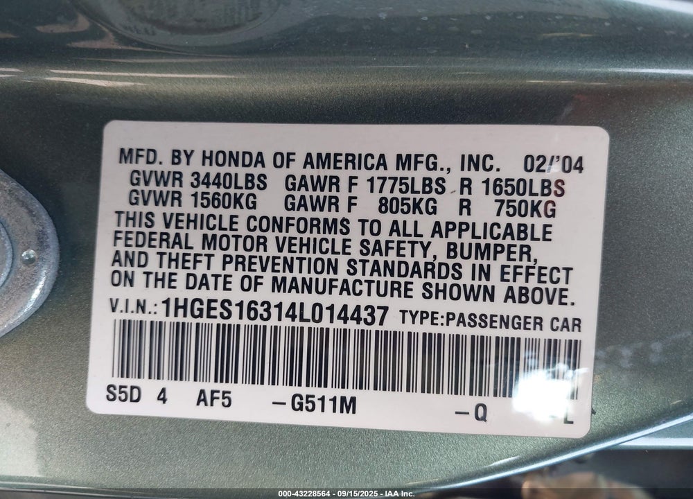 2004 HONDA CIVIC VP VIN: 1HGES16314L014437