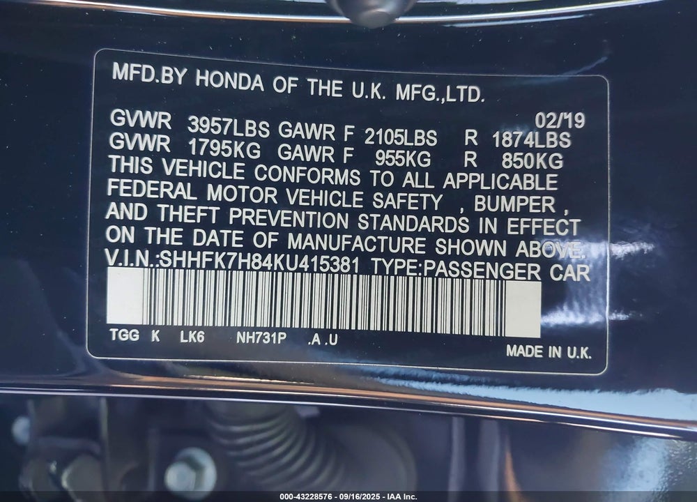 2019 HONDA CIVIC VIN: SHHFK7H84KU415381