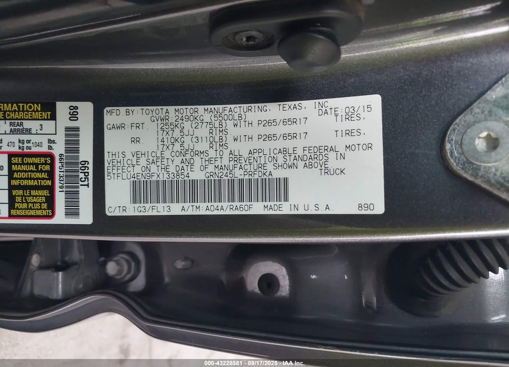 2015 TOYOTA TACOMA BASE V6 VIN: 5TFLU4EN9FX133854