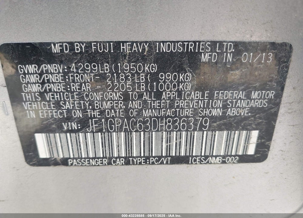 2013 SUBARU IMPREZA VIN: JF1GPAC63DH836379