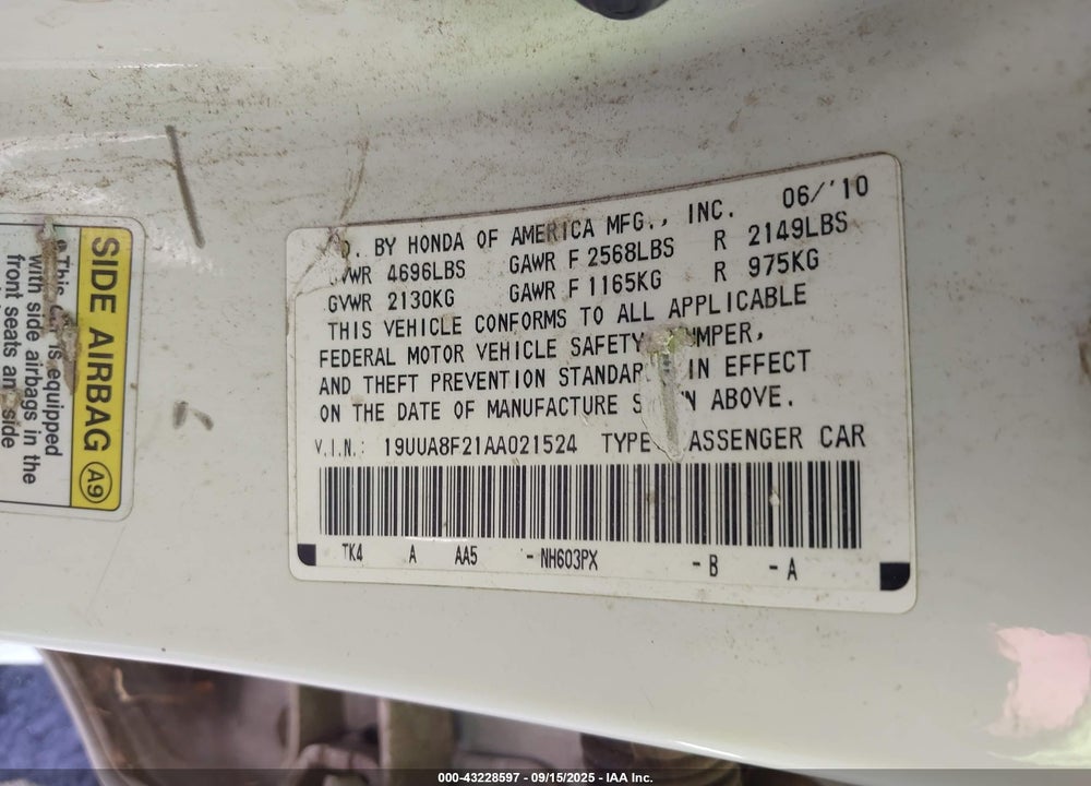 2010 ACURA TL VIN: 19UUA8F21AA021524