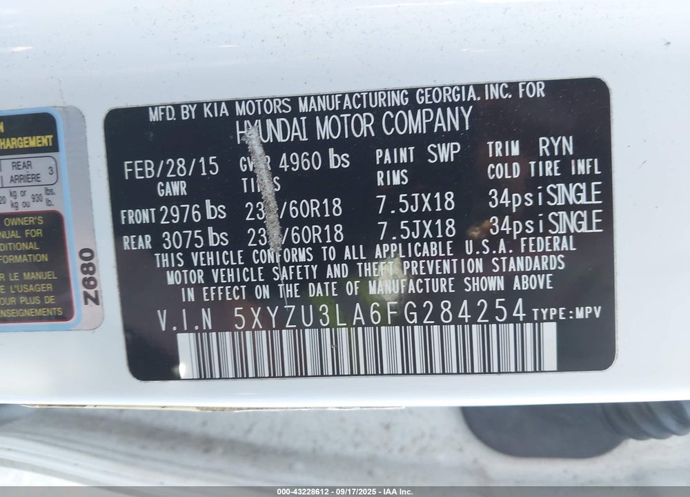 2015 HYUNDAI SANTA FE VIN: 5XYZU3LA6FG284254