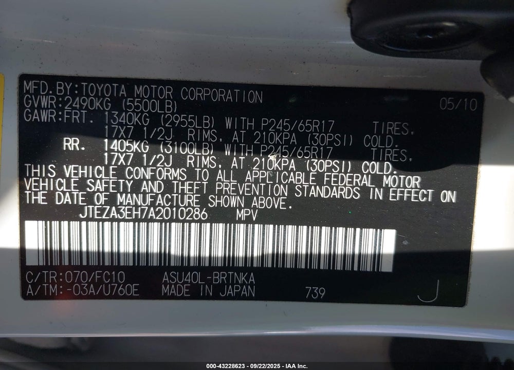 2010 TOYOTA HIGHLANDER VIN: JTEZA3EH7A2010286