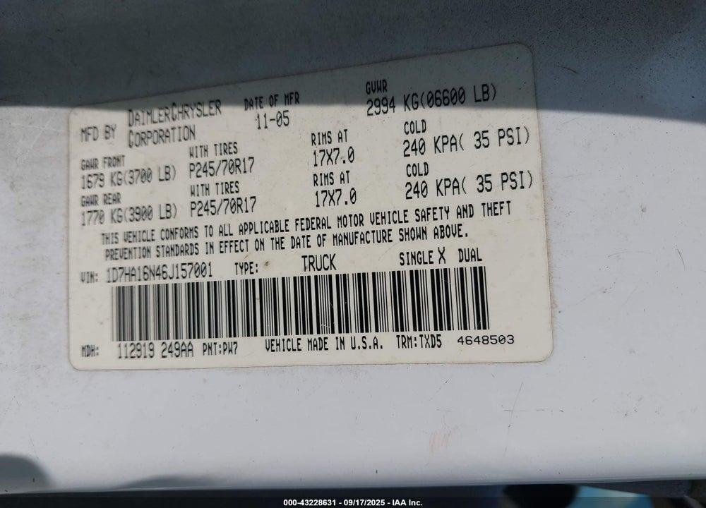 2006 DODGE RAM 1500 ST VIN: 1D7HA16N46J157001