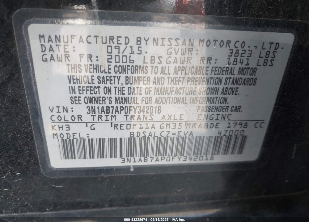 2015 NISSAN SENTRA VIN: 3N1AB7AP0FY342018