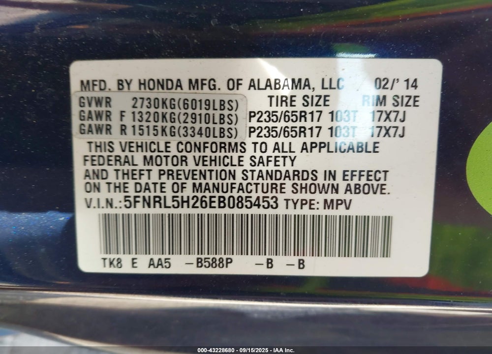 2014 HONDA ODYSSEY LX VIN: 5FNRL5H26EB085453