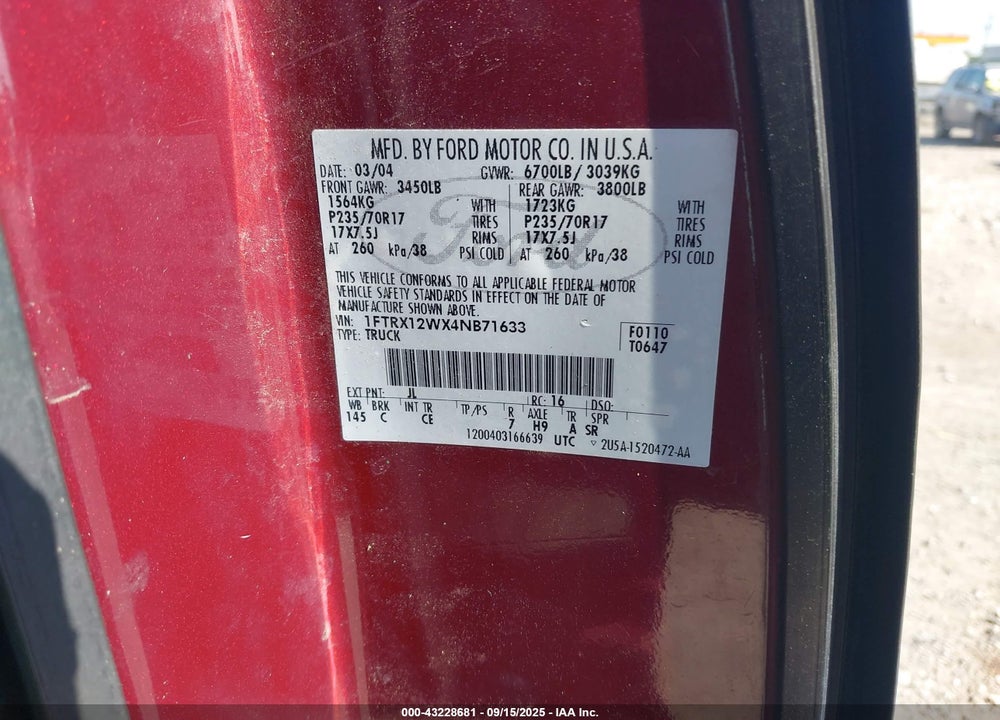 2004 FORD F-150 STX/XL/XLT VIN: 1FTRX12WX4NB71633