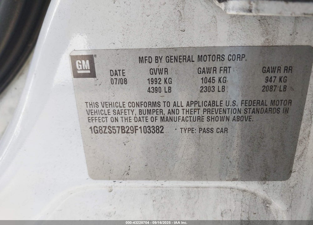 2009 SATURN AURA XE VIN: 1G8ZS57B29F103382