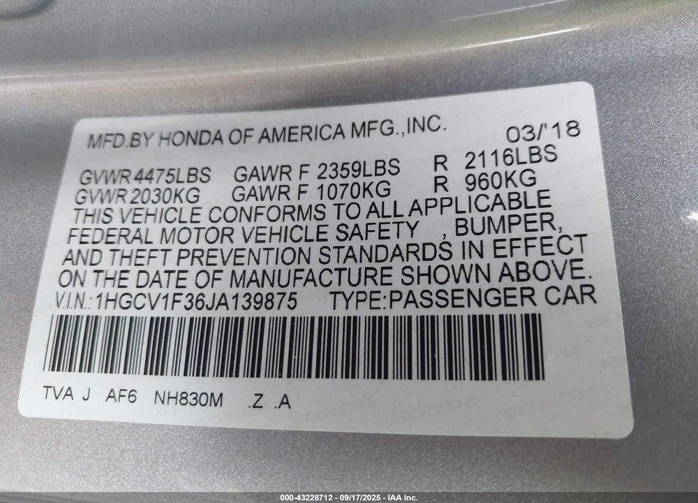 2018 HONDA ACCORD VIN: 1HGCV1F36JA139875