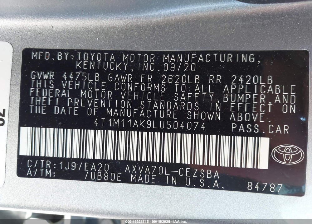 2020 TOYOTA CAMRY SE VIN: 4T1M11AK9LU504074