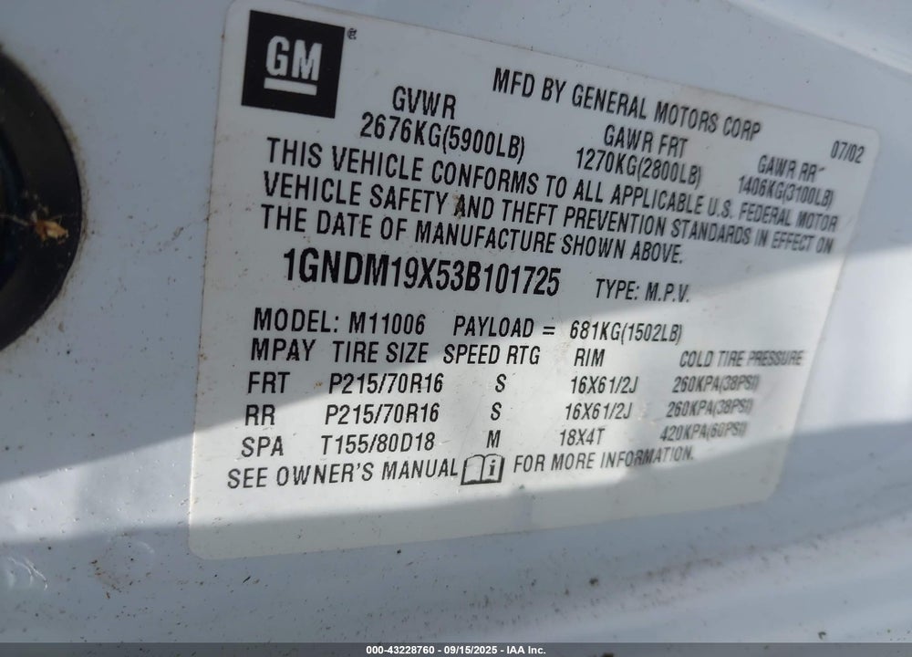 2003 CHEVROLET ASTRO VIN: 1GNDM19X53B101725