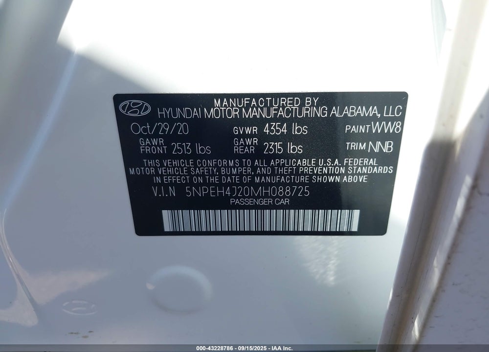 2021 HYUNDAI SONATA VIN: 5NPEH4J20MH088725