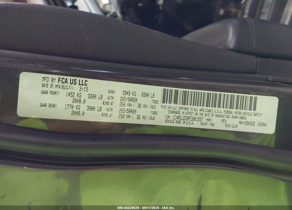 2015 DODGE DURANGO VIN: 1C4RDJDG9FC801557