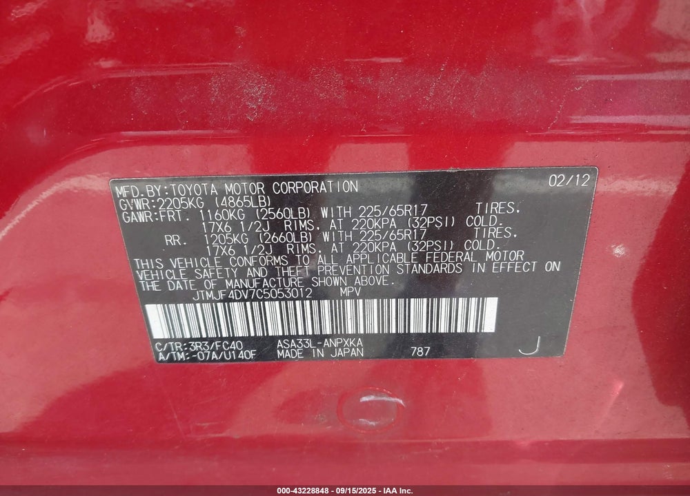 2012 TOYOTA RAV4 VIN: JTMJF4DV7C5053012