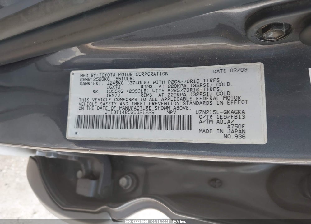 2003 TOYOTA 4RUNNER SR5 SPORT V8 VIN: JTEBT14R530021229