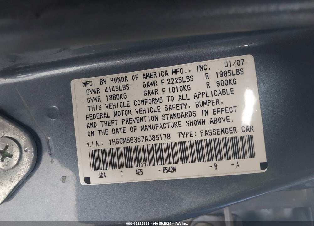 2007 HONDA ACCORD 2.4 SE VIN: 1HGCM56357A085178