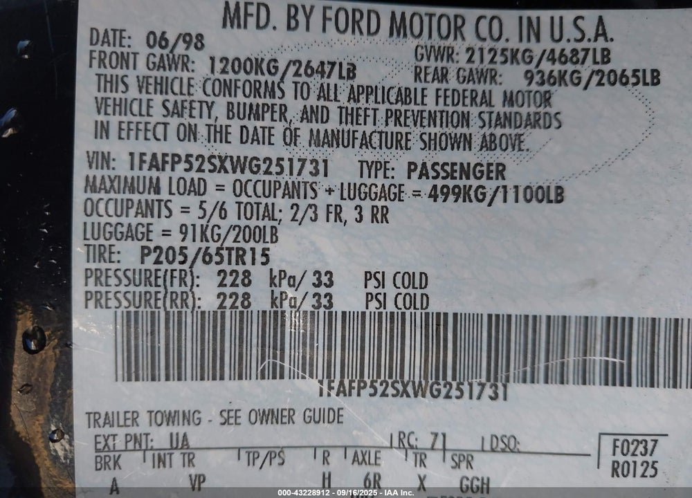 1998 FORD TAURUS LX/SE VIN: 1FAFP52SXWG251731