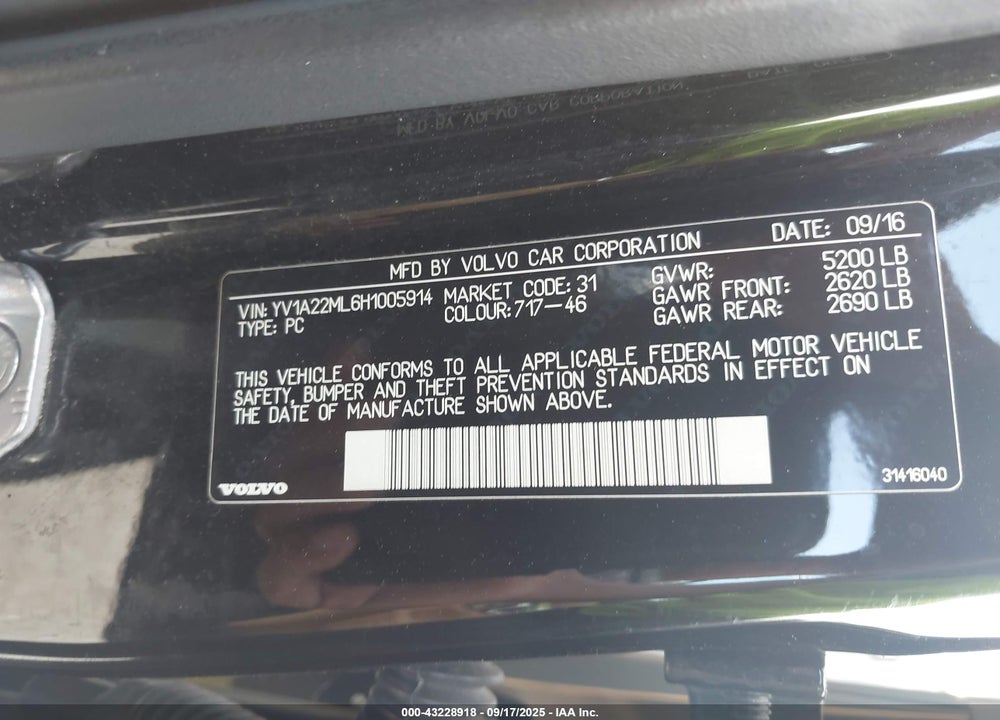 2017 VOLVO S90 VIN: YV1A22ML6H1005914
