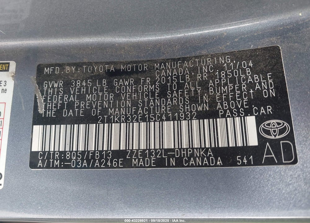 2005 TOYOTA MATRIX/XR VIN: 2T1KR32E15C411932