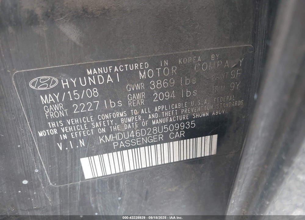 2008 HYUNDAI ELANTRA GLS/SE VIN: KMHDU46D28U509935