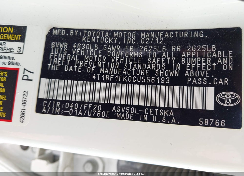 2012 TOYOTA CAMRY SE VIN: 4T1BF1FK0CU556193