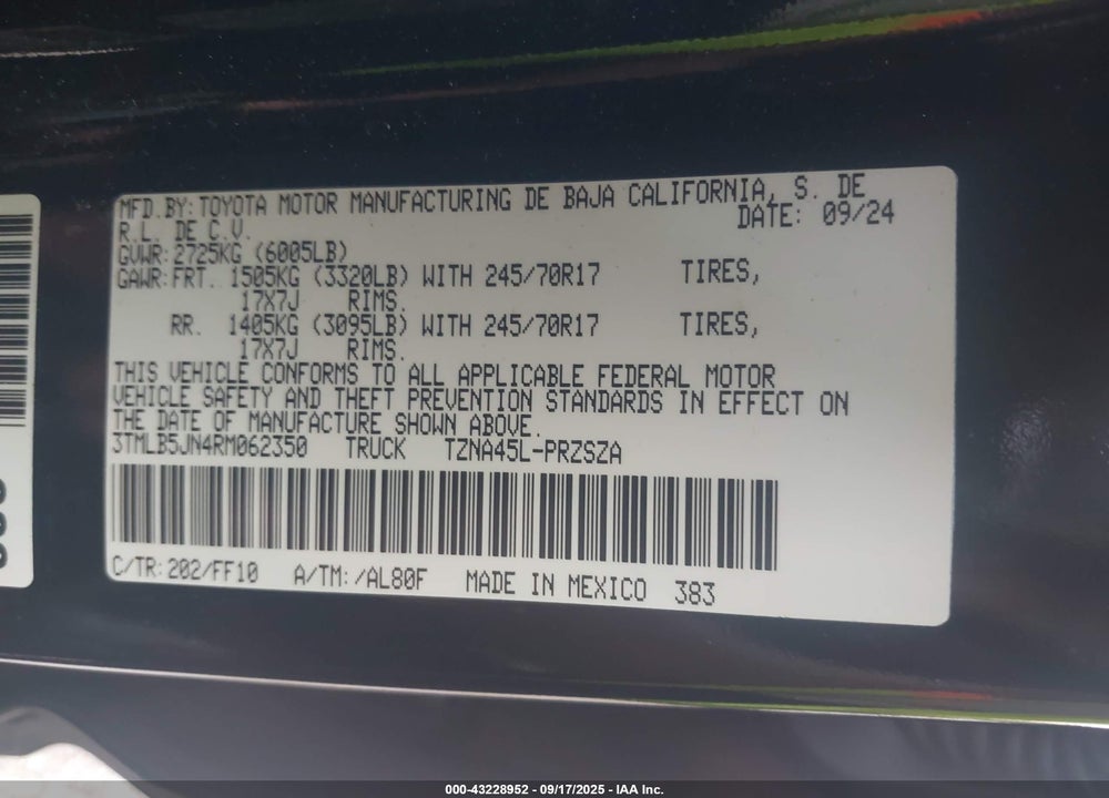 2024 TOYOTA TACOMA VIN: 3TMLB5JN4RM062350