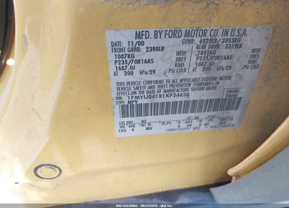 2001 FORD ESCAPE VIN: 1FMYU041X1KF54626