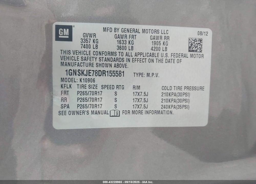 2013 CHEVROLET SUBURBAN 1500 LT VIN: 1GNSKJE78DR155581