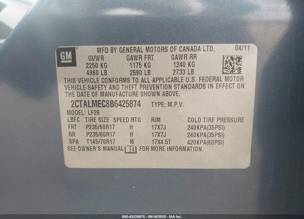 2011 GMC TERRAIN VIN: 2CTALMEC8B6425874