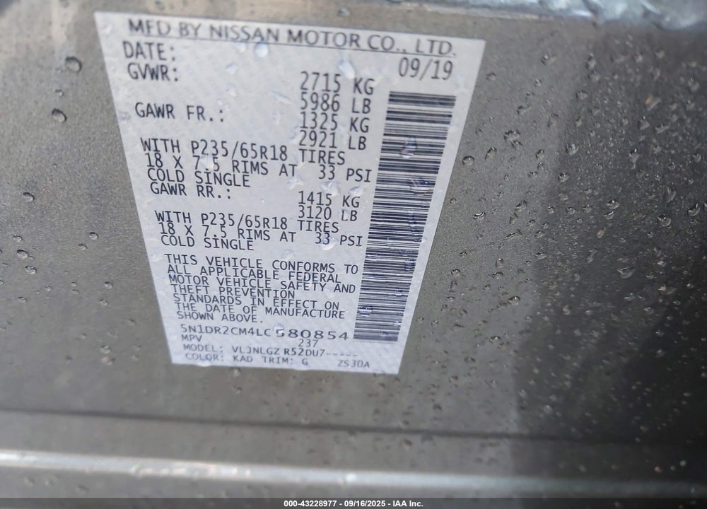2020 NISSAN PATHFINDER VIN: 5N1DR2CM4LC580854