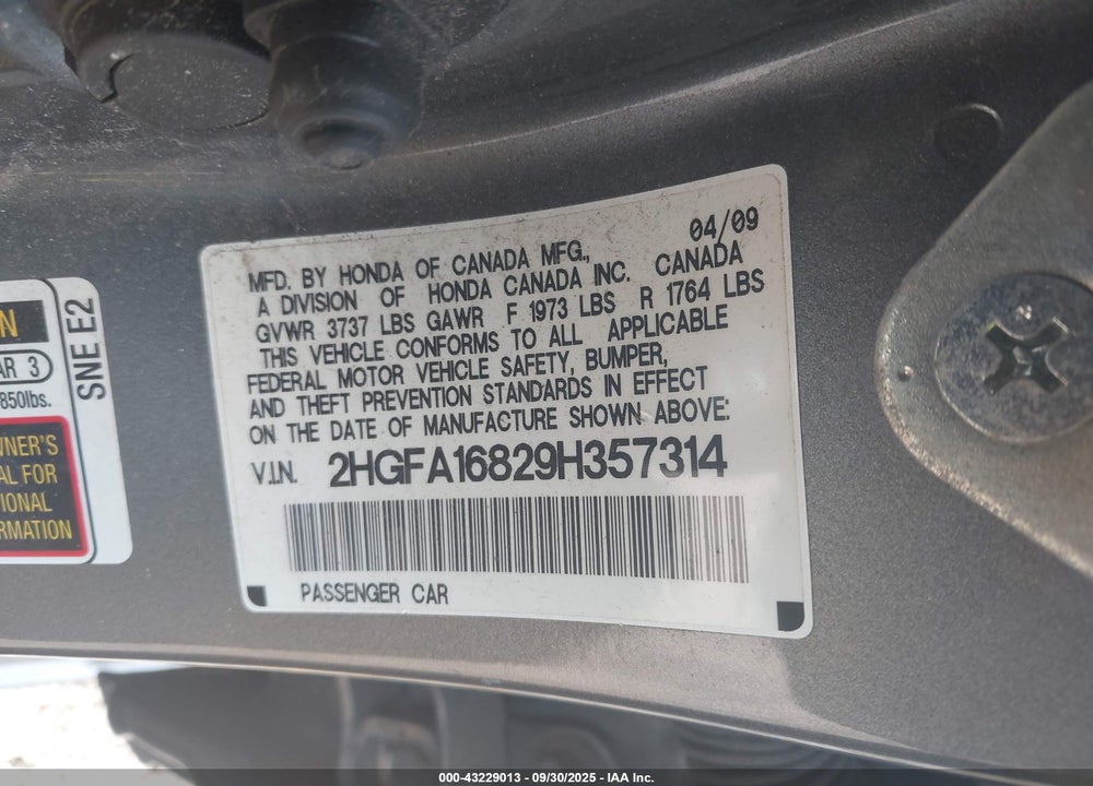 2009 HONDA CIVIC VIN: 2HGFA16829H357314