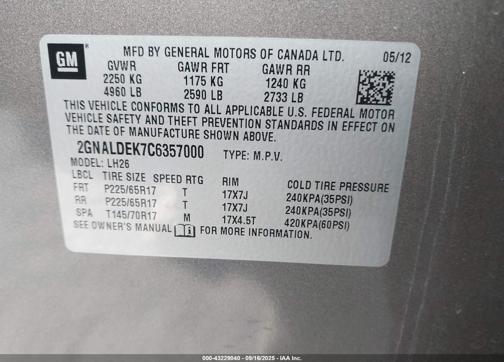 2012 CHEVROLET EQUINOX VIN: 2GNALDEK7C6357000