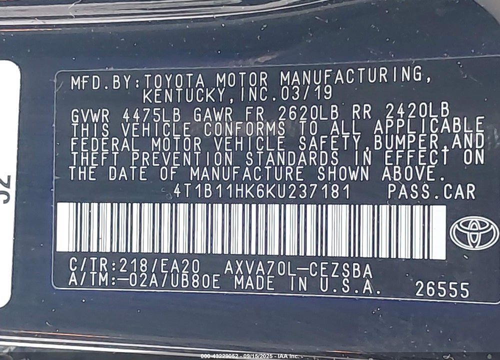 2019 TOYOTA CAMRY VIN: 4T1B11HK6KU237181