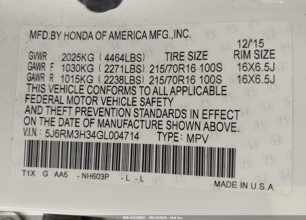2016 HONDA CR-V VIN: 5J6RM3H34GL004714