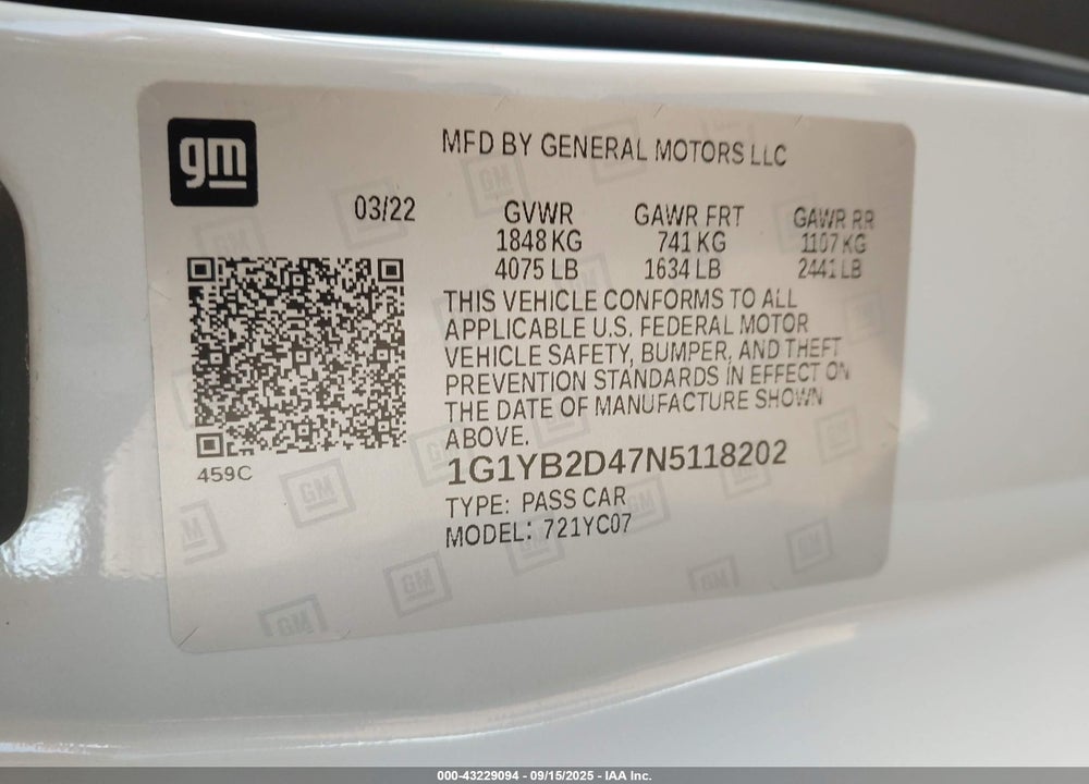 2022 CHEVROLET CORVETTE STINGRAY VIN: 1G1YB2D47N5118202