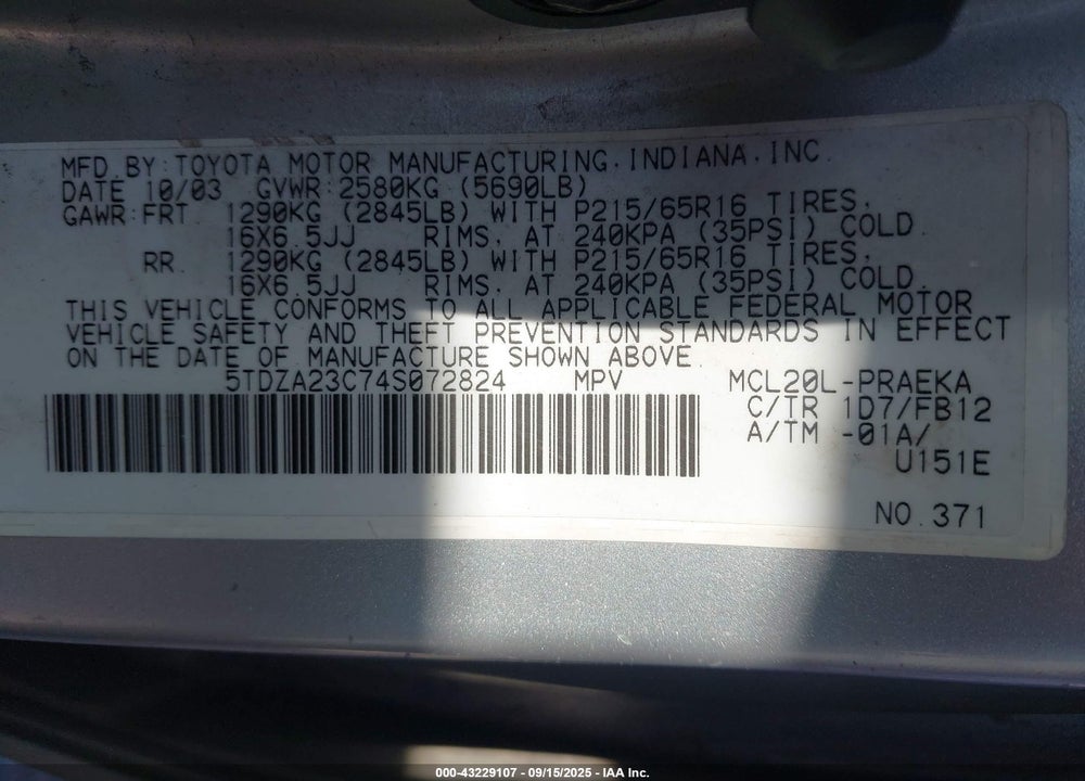 2004 TOYOTA SIENNA LE VIN: 5TDZA23C74S072824
